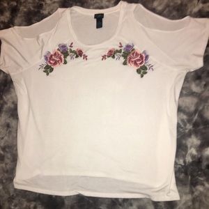 White cold shoulder top w/ floral design